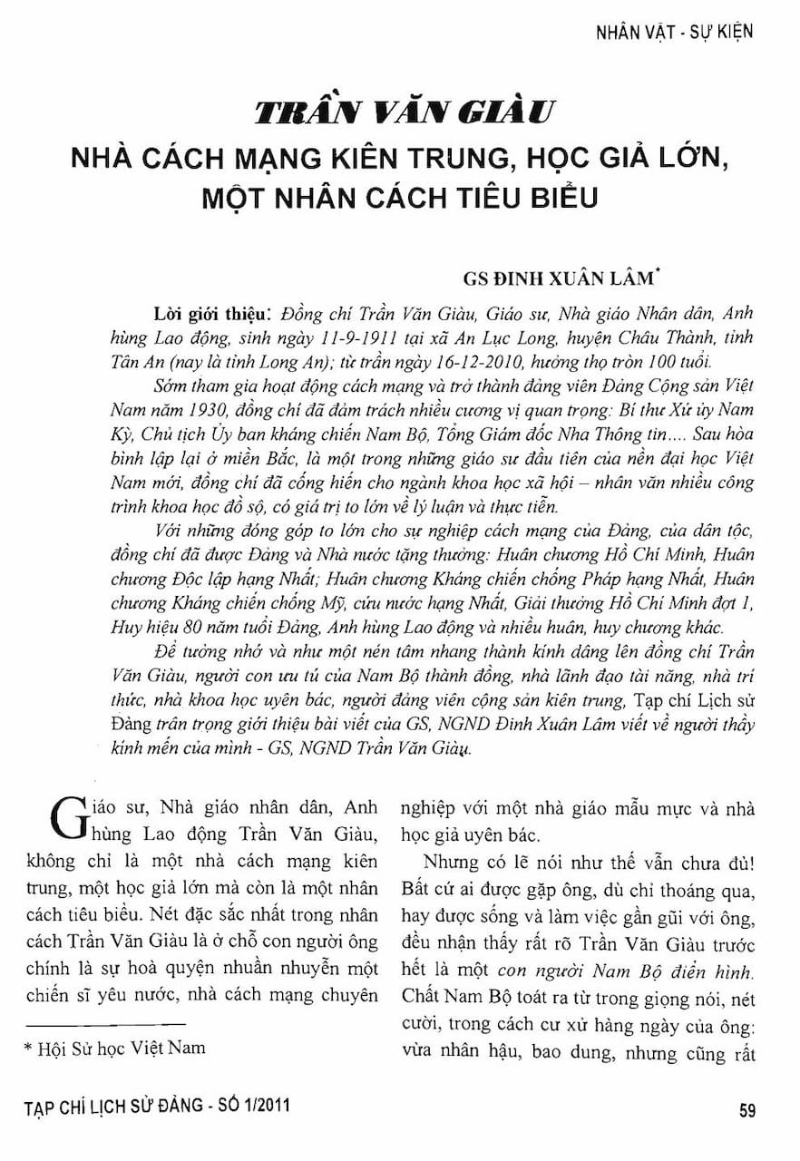 Trần Văn Giàu, Nhà Cách Mạng Kiên Trung, Học Giả Lớn, Một Nhân Cách Tiêu Biểu - GS Đinh Xuân Lâm